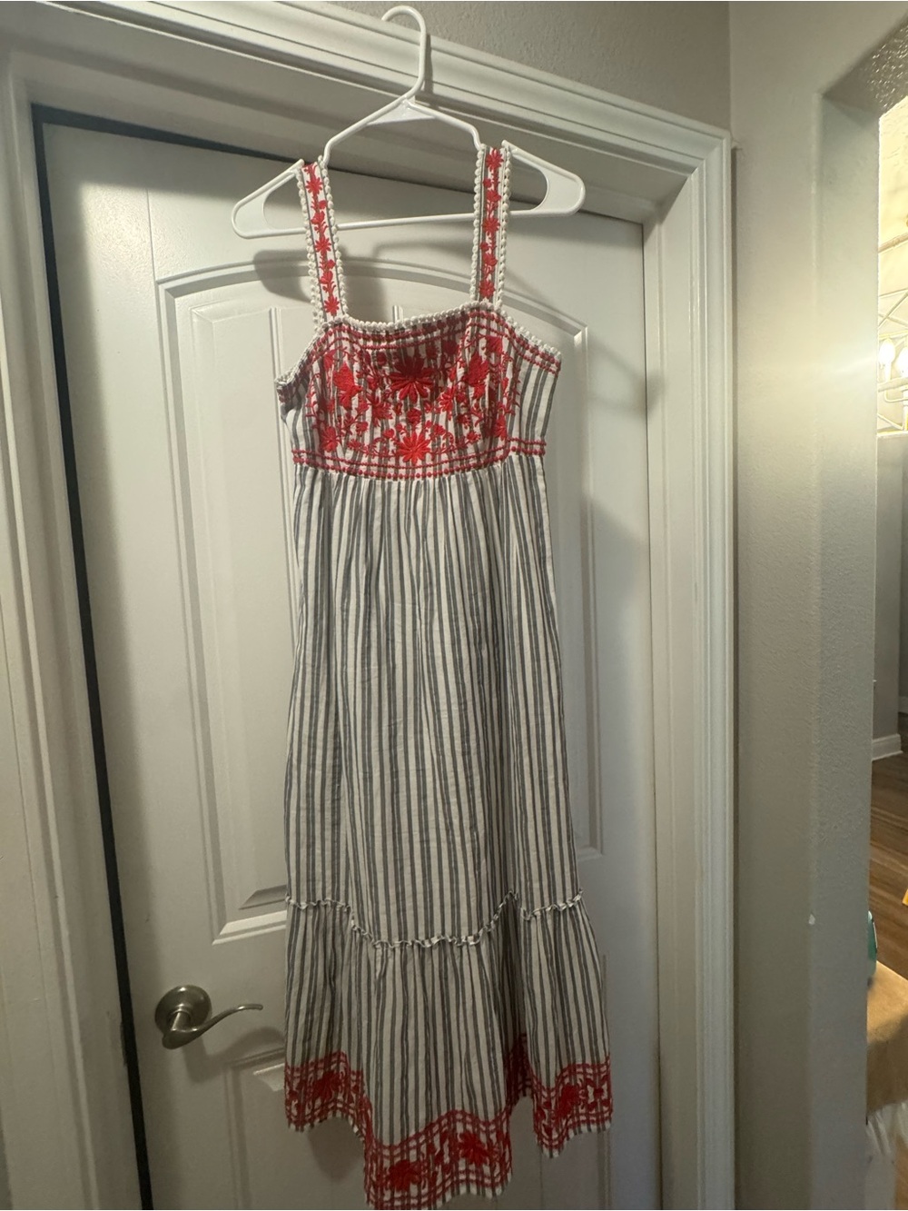 kate spade Black-and-White Striped Maxi Dress with Red Embroidery